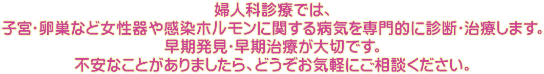 婦人科診療では、子宮・卵巣など女性器や感染ホルモンに関する病気を専門的に診断・治療します。早期発見・早期治療が大切です。不安なことがありましたら、どうぞお気軽にご相談ください。